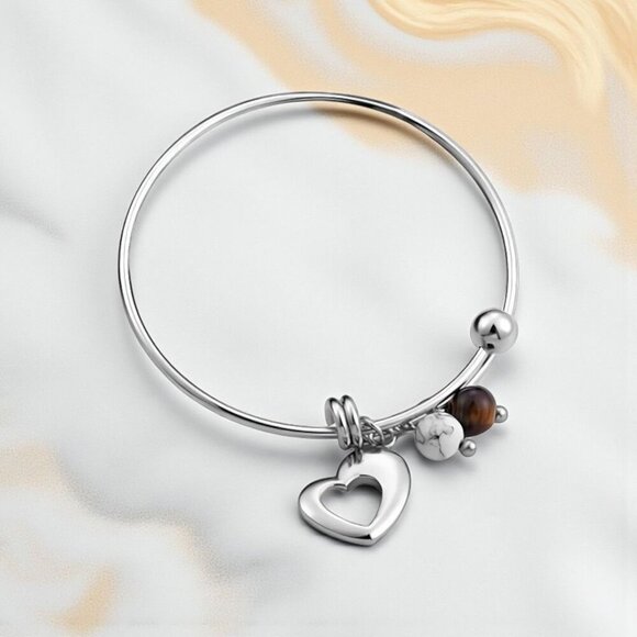 🆕️18K Gold Plated LARGE Boho Bangle with Heart Tiger's Eye & Magnesite Charms ✨ - Picture 5 of 11